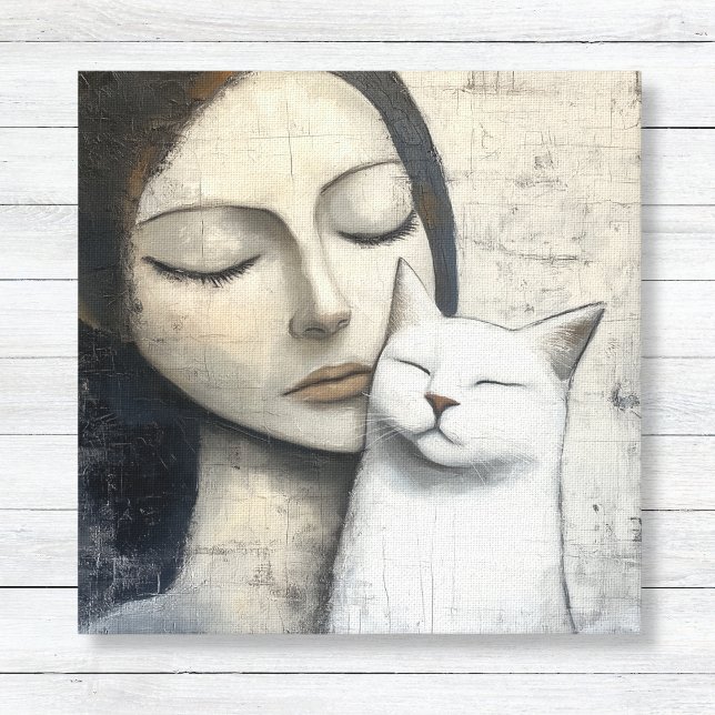 Impressão Em Tela Mulher Neutra e Gato (Neutral Woman with Cat Canvas Print - Living Room Bedroom Wall Art)