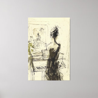 Impressão Em Tela Mulher no Piano Sketch -