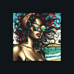 Impressão Em Tela Mulher Retro na Praia Estilo Cômico Pop Art<br><div class="desc">Bonita mulher afro-americana retrô de biquíni sentada na praia com óculos de sol em cores vintage em um estilo de arte pop cômico.</div>