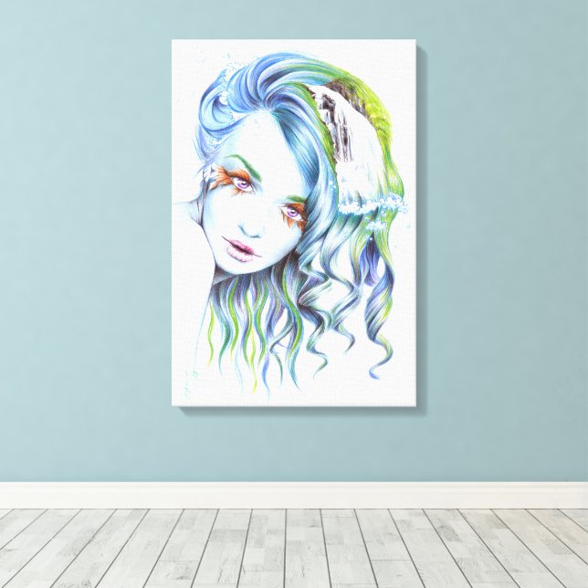 Impressão Em Tela Mulher Sereia Água Retrato Surreal Fantasia arte (Insitu(piso de madeira))