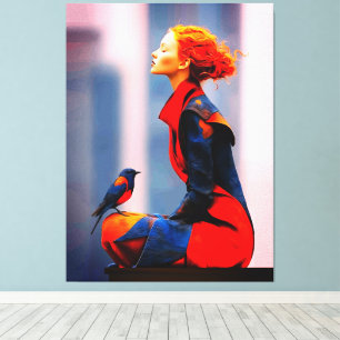 Impressão Em Tela Mulher Surrealista e Pássaro Elegante Cabelo Verme