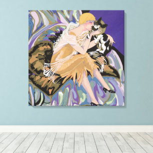 Impressão Em Tela Mulher Vintage Art Déco com Gato por S. Chompre
