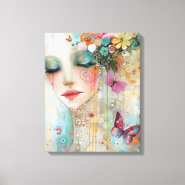 Impressão Em Tela Mulheres Artísticas, Flores e Borboletas (Frente)