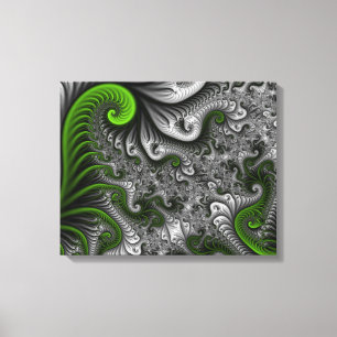 Impressão Em Tela Mundo Fantasia Verde e Cinza Arte Fractal Abstrata