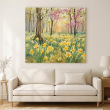 Narcisos Amarelos na Aquarela da Floresta de Prima