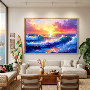 Impressão Em Tela Nascer do sol no mar sobre pintura de ondas