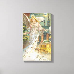 Impressão Em Tela Natais vintages, Anjo Vitoriano com Árvore
