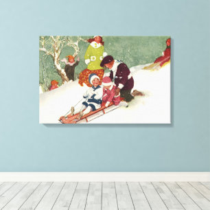 Impressão Em Tela Natais vintages, Crianças Dormindo na Neve