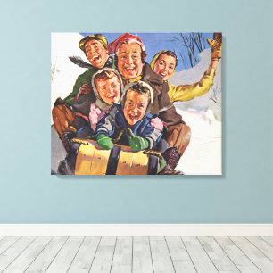 Impressão Em Tela Natais vintages, Feliz Família Toboggan Sledim