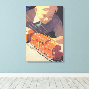 Impressão Em Tela Natais vintages, Garoto Brincando com Trem de Brin