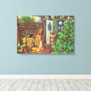 Impressão Em Tela Natal Antigo, Cabana Aconchegante com Lareira