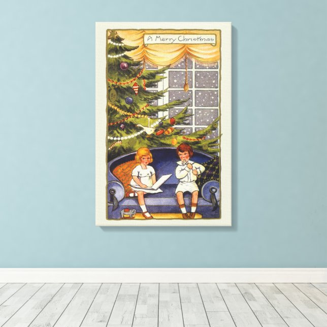Impressão Em Tela Natal Antigo, Crianças Sentadas num Sofá (Insitu(piso de madeira))