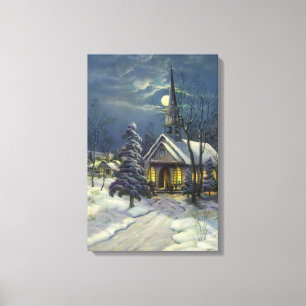 Impressão Em Tela Natal Antigo, Igreja de Inverno na Neve com Lua