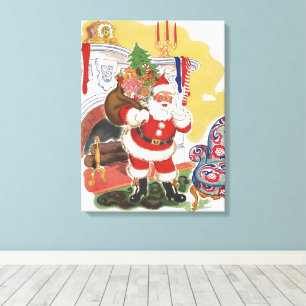 Impressão Em Tela Natal Antigo, Papai Noel Alegre com Presentes