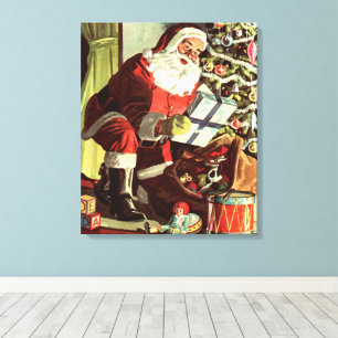 Impressão Em Tela Natal Antigo, Papai Noel Retro com Presentes