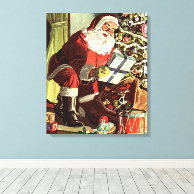 Impressão Em Tela Natal Antigo, Papai Noel Retrô com Presentes (Insitu(piso de madeira))