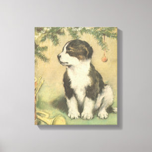 Impressão Em Tela Natal vintage, filhote de cachorro bonito sob a