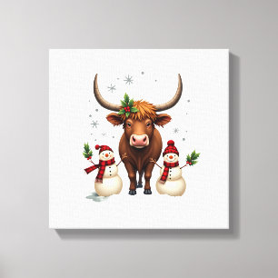 Impressão Em Tela Natal Vintage Vaca das Terras Altas com Bonecos de