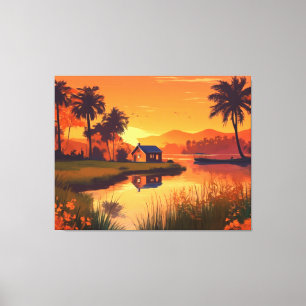 Impressão Em Tela Nature Sunset Painting with Lake, Cottage