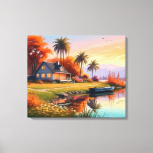 Impressão Em Tela Nature Sunset Painting with Lake, Cottage