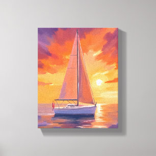 Impressão Em Tela Navegação no Sunset   Pintura do Oceano Costeiro