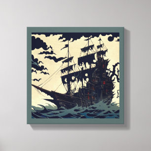Impressão Em Tela Navio à Vela Assombrado Xilogravura 1
