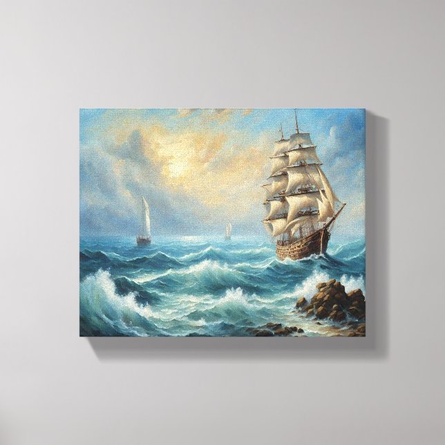 Impressão Em Tela Navio de Vela Antigo no Oceano (Frente)