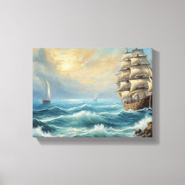 Impressão Em Tela Navio de Vela Antigo no Oceano (Frente)