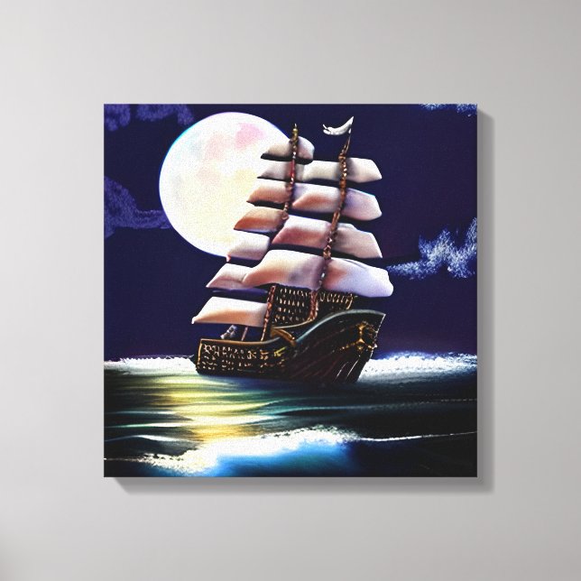 Impressão Em Tela Navio iluminado no oceano sob a Lua (Frente)