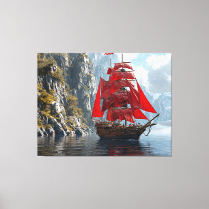 Impressão Em Tela Navio Majestoso Com Velas Vermelhas Perto da Costa