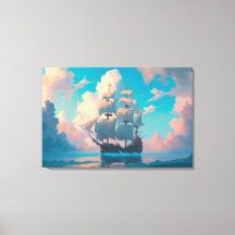 Navio Pirata Que Veleja Em Nuvens Fluffy Pastel