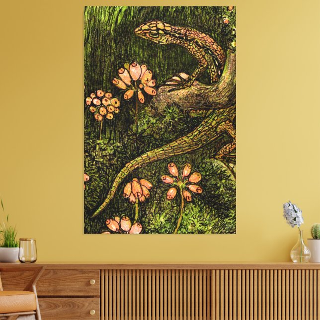 Impressão Em Tela Neerlandês Art Nouveau Lizard e flores selvagens (Insitu(Sala de estar))