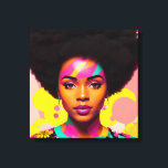 Impressão Em Tela Negra Colorida Mulher Negra Afro-Pop Art<br><div class="desc">Este trabalho de arte do estilo pop art apresenta uma bela mulher negra com uma grande estética afro, 70 com um pouco de poder floral e brincos. Uma beleza de melanina vibrante com cabelo natural numa obra de arte digital arrojada e multicolor. Ciano, magenta cor-de-rosa e amarelo com algum pêssego....</div>