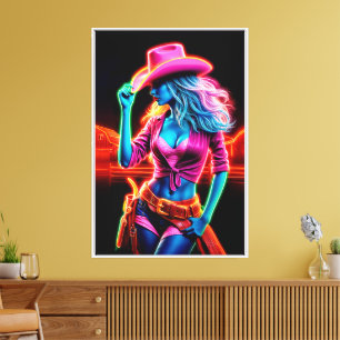 Impressão Em Tela Neon fantasiosa vaqueira no rancho brilhante