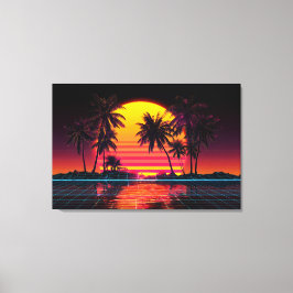 Impressão Em Tela Neon Grid Palm Sunset