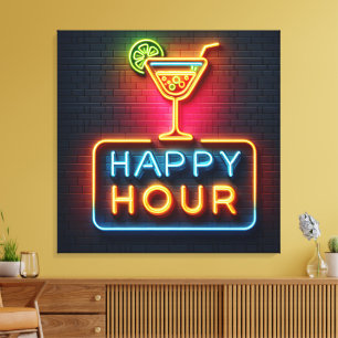 Impressão Em Tela Neon Happy Hour Sinal