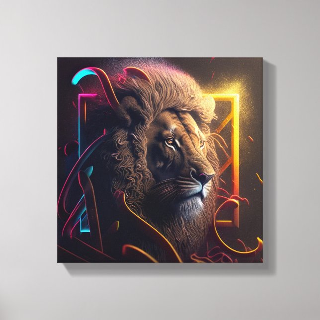 Impressão Em Tela Neon Lion - Realismo de estilo de Grafite motivaci (Frente)