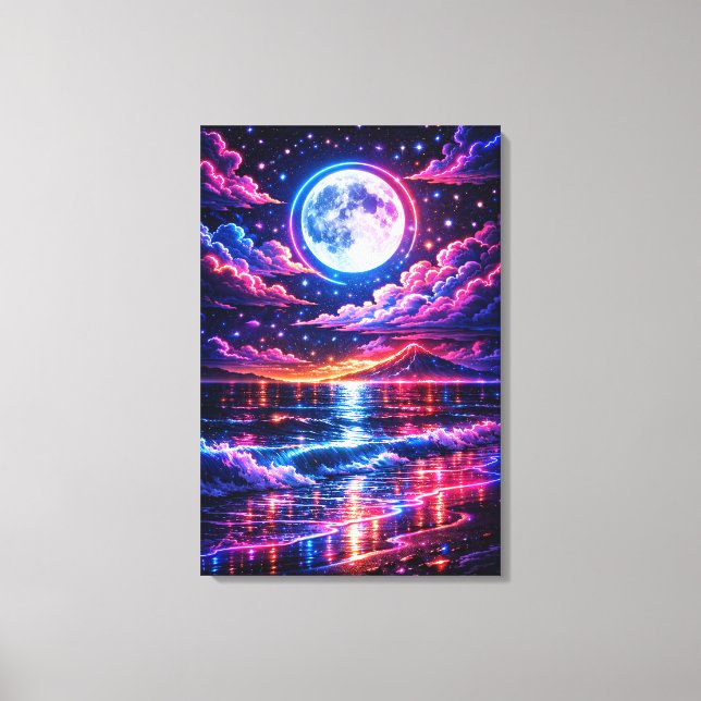 Impressão Em Tela Neon Moonlit Ocean – Cosmic Night Seascape Art (Frente)