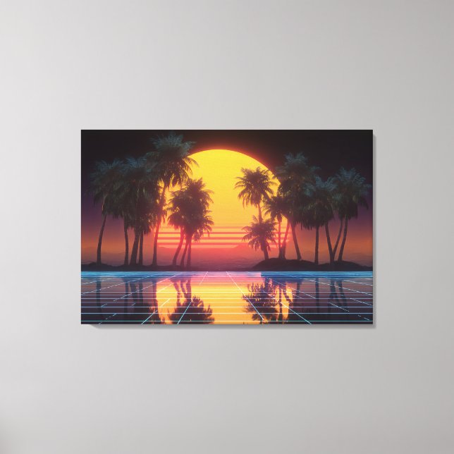 Impressão Em Tela Neon Palm Grid Sunset (Frente)