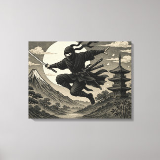 Impressão em Tela Ninja Japonês Lua Cheia Fuji