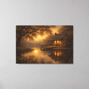 Impressão Em Tela Noite Tranquila   Arte de Cabana no Lago   Esticad