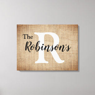 Impressão Em Tela Nome Da Família E Imagem Inicial De Burlap
