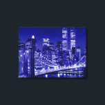 Impressão Em Tela Nova Iorque Pop de Arte Azul Noturno<br><div class="desc">Ponte Brooklyn,  rio e paisagem urbana de Manhattan,  arranha-céus e edifícios</div>