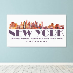 Impressão Em Tela Nova Iorque Skyline. Boroughs e coordenadas