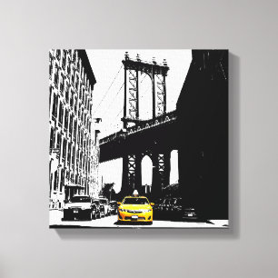 Impressão Em Tela Nova Iorque Yellow Taxi Brooklyn Bridge Nyc