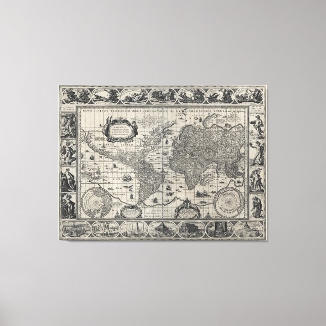 Impressão Em Tela Nova Tótius terrarum, Mapa Mundial Antiquado 1606 (Frente)