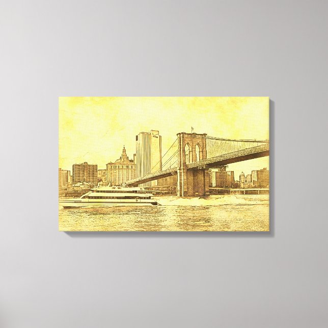 Impressão Em Tela NYC Skyline Brooklyn Bridge Boat Etch Look #1BR (Frente)