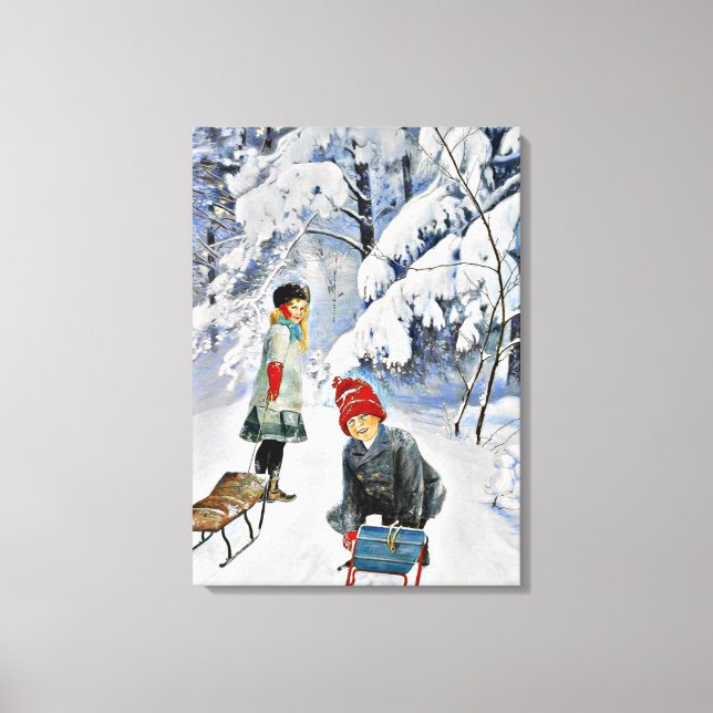 Impressão Em Tela Nystrom - Crianças na neve, 1910 (Frente)