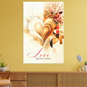 Impressão Em Tela O Amor Cresce Aqui – Coração de Luxo Dourado Flora