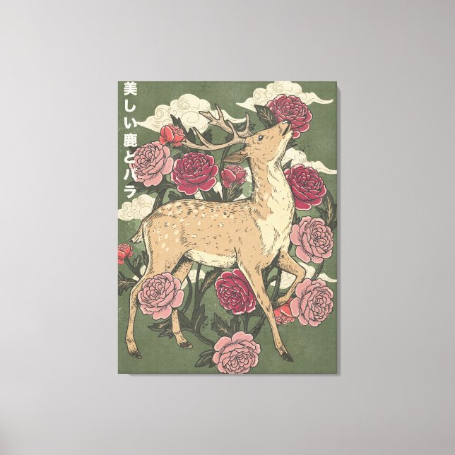 Impressão Em Tela O Belo Cervo E Rosas (Frente)